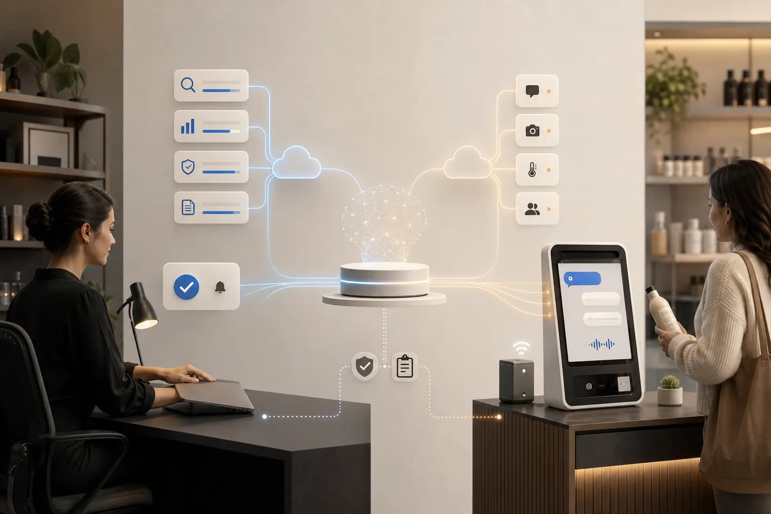 An operator delegates computer work while a governed retail endpoint serves a visitor, both connected through a shared audited platform.